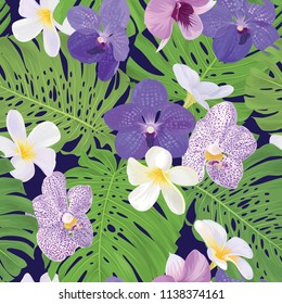 Seamless pattern of orchid, plumeria flowers and tropical monstera leaf on blue background. Vector set of exotic tropical garden for holiday invitations, greeting card and fashion design.
