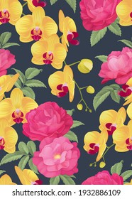 Seamless pattern of orchid and rose flower background template. Vector set of floral element for wedding invitations, greeting card, brochure, banners and fashion design.