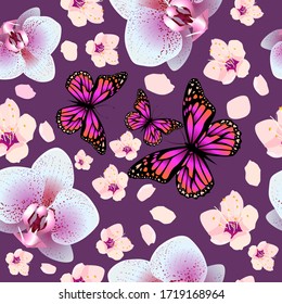 Seamless pattern with orchids and butterflies.. Vector illustration