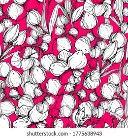 Seamless pattern with orchids, flower plants. Background for children and adults with beautiful delicate orchids in different angles. manual graphics. isolate. For textile, wallpaper, textile