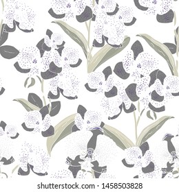 Seamless pattern with orchids flowers on a white background. Handmade. Vector. Print for bed linens, fabric, textiles, wallpaper, greeting cards, wrapping paper,gift box
