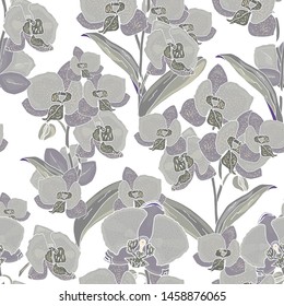 Seamless pattern with orchids flowers on a white background. Handmade. Vector. Print for bed linens, fabric, textiles, wallpaper, greeting cards, wrapping paper,gift box
