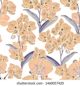 Seamless pattern with orchids flowers on a white background. Handmade. Vector. Print for bed linens, fabric, textiles, wallpaper, greeting cards, wrapping paper,gift box
