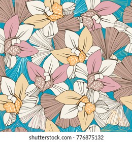 Seamless pattern with orchids and ginkgo biloba leafs.