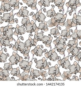 Seamless pattern with orchids of gray flowers. Handmade. Vector. Print for bed linens, fabric, textiles, wallpaper, greeting cards, wrapping paper,gift box
