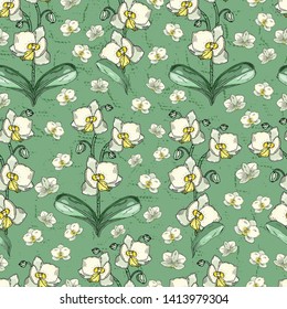 Seamless pattern with orchids. Handmade. Wallpaper, fabric or design of gift paper. Vector illustration

