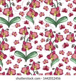 Seamless pattern with orchids. Handmade. Wallpaper, fabric or design of gift paper. Vector illustration
