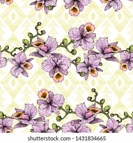 Seamless pattern of orchids. The image of pink orchids on a yellow background of graphic elements.