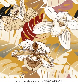 Seamless pattern with orchids and leaves palm. Painting with muted flowers on a mustard background. Exotic tropic vector illustration with plants. Ochre, tan, cream colors.EPS 10