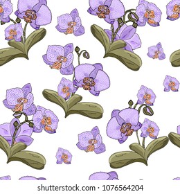 Seamless pattern with orchids lilac flowers and green leaves on a white background. Infinite texture for season design. Vector illustration