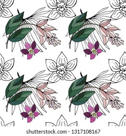 Seamless pattern with orchids and palm leaves. Vector illustration.