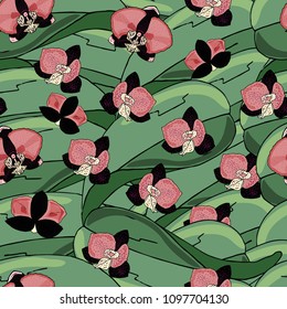 Seamless pattern with orchids pink flowers and green leaves . Infinite texture for season design. Vector illustration 
