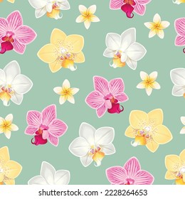 Seamless pattern with orchids and plumeria flowers
