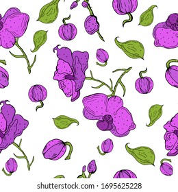 Seamless pattern with orchids. Purple orchids on a white background. Spring art for printing on fabrics, clothing, packaging paper. Vector illustration with a houseplant. Wallpaper design.