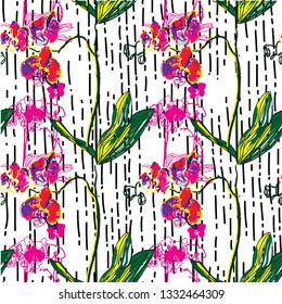 
Seamless pattern with orchids. Tropical flowers. Bright multicolored background. Pop art drawing markers.
