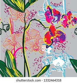 
Seamless pattern with orchids. Tropical flowers. Bright multicolored background. Pop art drawing markers.