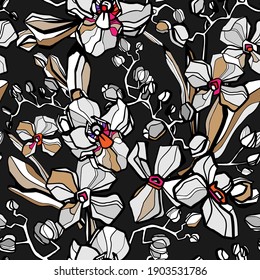 Seamless pattern of orchids. Vector flower on black background.. For design textiles, paper, wallpaper.