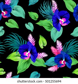 Seamless pattern with orchids. vector illustration. Dark cobalt blue orchids with exotic greenery. Pattern for fashion or interior.