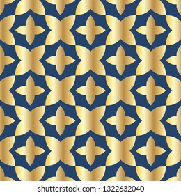 Seamless pattern with ordered arrangement of abstract geometric shapes. The illustration is made in gold shades on blue background. Vector EPS10