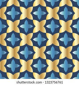 Seamless pattern with ordered arrangement of abstract geometric shapes. The illustration is made in gold shades on blue background. Vector EPS10