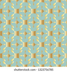 Seamless pattern with ordered arrangement of abstract geometric shapes. The illustration is made in gold shades on turquoise background. Vector EPS10