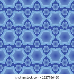 Seamless pattern with ordered arrangement of abstract geometric shapes. Image of stars and flowers on a blue background. Monochrome illustration. Vector EPS10