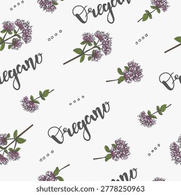 Seamless pattern of Oregano plant, aromatic spice and medicinal plant. Hand drawn line drawing. Vector illustration