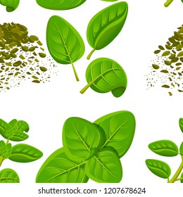 Seamless pattern. Oregano plant with leaves. Herbal engraved style illustration. Detailed organic product sketch. Cooking spicy ingredient. Flat vector illustration.
