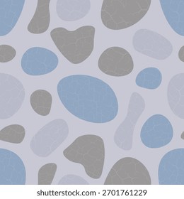 Seamless pattern with organic blue and grey abstract shapes and cracked texture. Minimal vector design inspired by terrazzo and ceramic surfaces for fabric, packaging, and modern interiors.