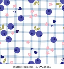 Seamless pattern with organic blue grid, blueberries, pink flowers, and hearts on white background