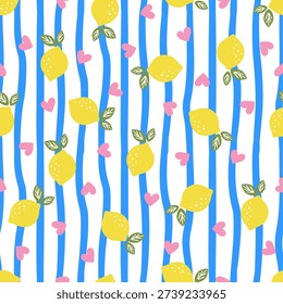 Seamless pattern with organic blue wavy stripes, yellow lemons, and small pink hearts on a white background. Fresh Mediterranean summer vector illustration