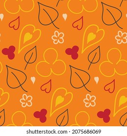 Patrón inoxidable hoja de flor de corazón brillante orgánica sobre fondo naranja papel de pared envolvente diseño textil ilustración vectorial