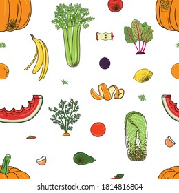 Seamless pattern of organic compost garbage. Rot fruits and vegetables. Waste management. Sorting garbage. Recycle concept. Cartoon hand drawn vector illustration.