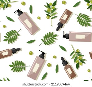 Patrón sin foco con cosméticos orgánicos. Jares cosméticos, hojas, ramas de olivos, aceitunas. Ingredientes ecológicos ecológicos, cuidado natural. Botella de goteo de aceite. Ilustración vectorial de material en estilo plano.