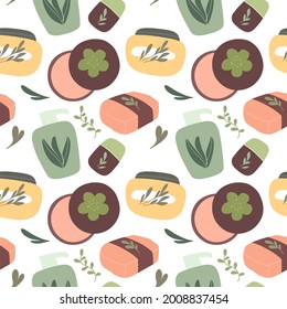 Seamless pattern with organic cosmetics, natural cosmetics and body skin care products. Vector hand drawn isolates in flat style.