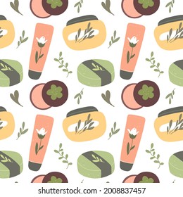 Seamless pattern with organic cosmetics, natural cosmetics and body skin care products. Vector hand drawn isolates in flat style.