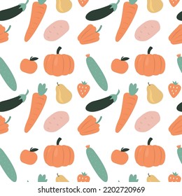 Seamless pattern with organic food. Healthy lifestyles and proper nutrition. Farm food, texture background with various vegetables, fruits. Ecological natural products. Flat vector illustration