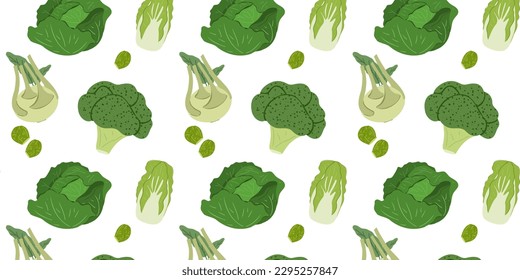 Seamless pattern with organic fresh cabbage, broccoli, Brussels sprouts, calrabi and chinese cabbage. Healthy vitamin food. Vegetable background, vector illustration for print and decoration
