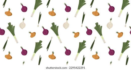 Seamless pattern with organic fresh onion and leek. Healthy vitamin food. Vegetable background, vector illustration for print and decoration