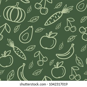 Seamless pattern with organic fruits and vegetables, vector illustration. Healthy bio food background with hand drawn elements 