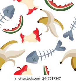 seamless pattern of organic garbage, namely various skins from under banana, apple, watermelon and fish bone, for posters, banners or packaging