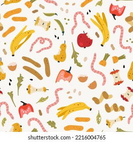 Seamless pattern of organic garbage, and worms. Waste of fruits, vegetables, greens, and nuts. Ecological recycling, responsible consumption. Organic waste for domestic composting.