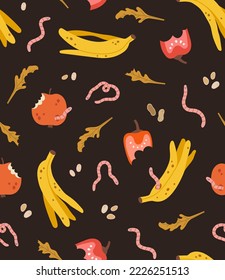 Nahtlose Muster organischer Abfälle und Würmer. Abfälle von Obst, Gemüse, Grün und Nüssen. Ökologisches Recycling, verantwortungsvoller Verbrauch. Ökologischer Abfall für die Kompostierung im Haushalt.