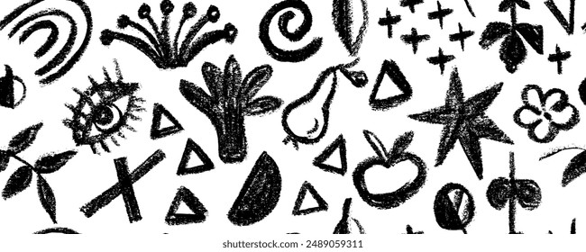 Seamless pattern organic grunge bold shapes, eye, star, triangle, curved lines and dots. Geometric vector collage in Memphis style.  Hand drawn geometric pattern.
