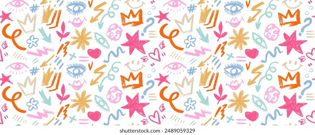 Seamless pattern organic grunge bold colorful shapes, eyes, star, crown, arrow,  curved lines and dots. Geometric vector collage in Memphis style.  Hand drawn geometric pattern.