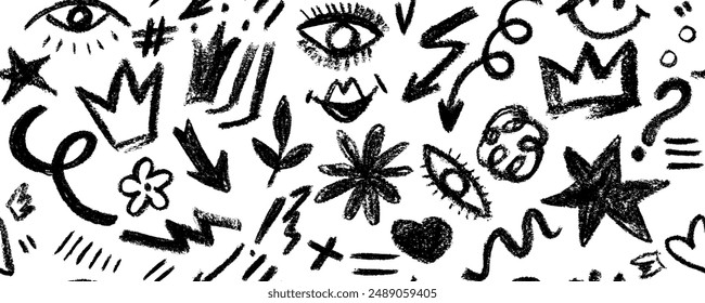 Seamless pattern organic grunge bold shapes, eyes, star, crown, arrow,  curved lines and dots. Geometric vector collage in Memphis style.  Hand drawn geometric pattern.