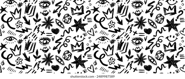 Seamless pattern organic grunge bold shapes, eyes, star, crown, arrow,  curved lines and dots. Geometric vector collage in Memphis style.  Hand drawn geometric pattern.