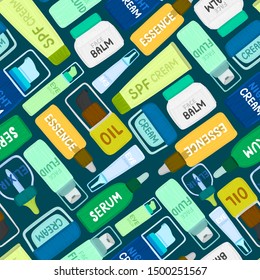 Seamless pattern with organic or natural cosmetics. Many jars and bottles with cosmetic names. Facial skin care. Can be used to design a packaging bag, banner, tag, poster, wrapping paper. Vector