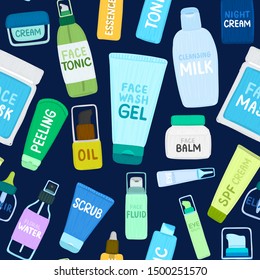 Seamless pattern with organic or natural cosmetics. Many jars and bottles with cosmetic names. Facial skin care. Can be used to design a packaging bag, banner, tag, poster, wrapping paper. Vector
