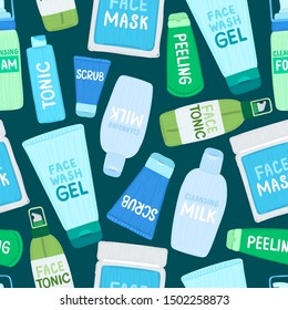 Seamless pattern with organic or natural cosmetics. Many jars and bottles with cosmetic names. Facial skin care. Can be used to design a packaging bag, banner, tag, poster, wrapping paper. Vector